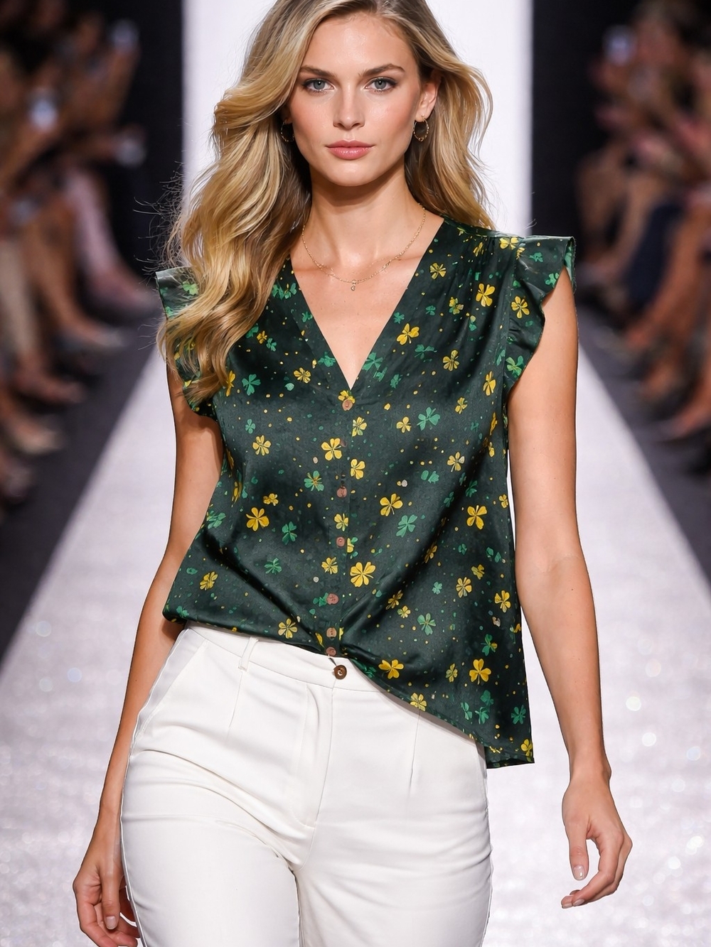 Flutter Sleeve V-Neck Satin Blouse in Dark Green Floral